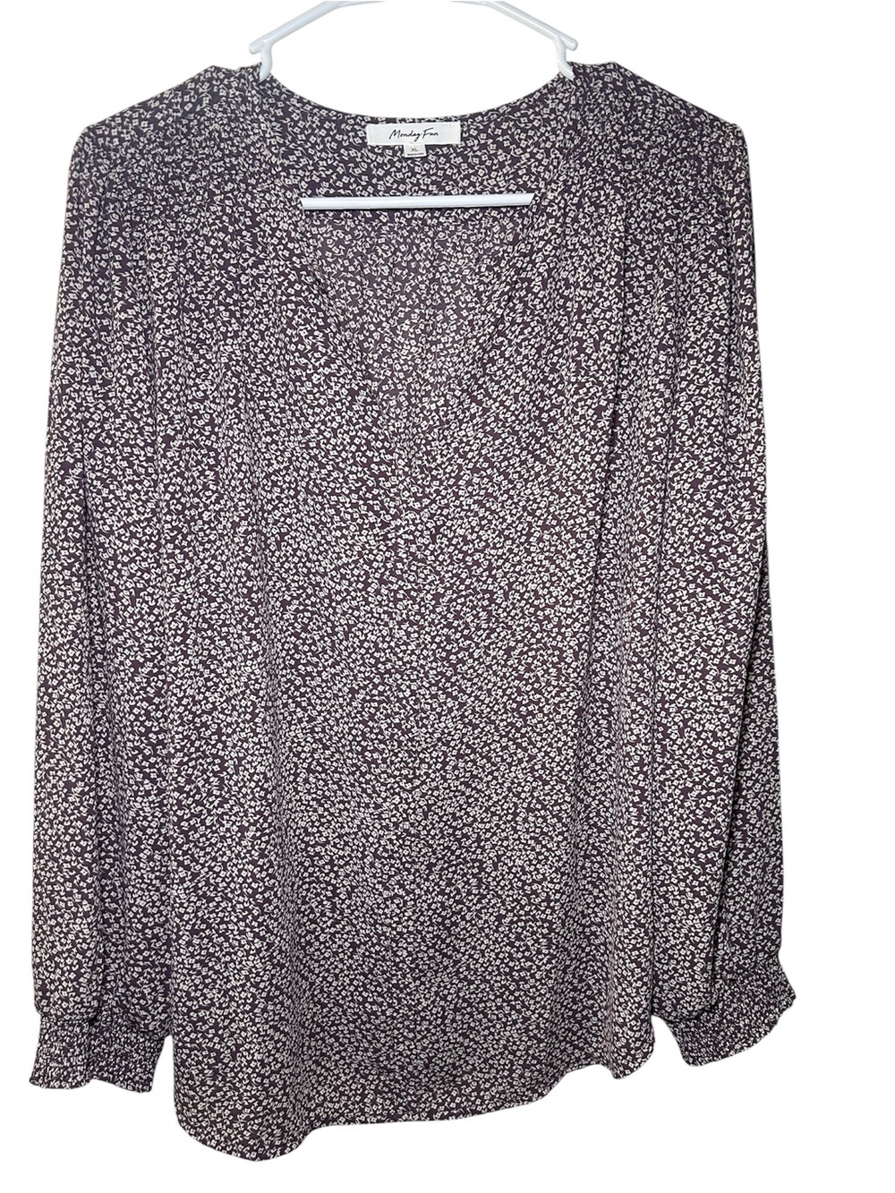Monday Fun Women's Brown Floral Long Sleeve V-Neck Blouse XL Fall Flowy Lightwei